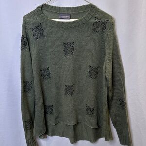 Wooden Ships olive green crew neck sweater with black tiger print.  Size S